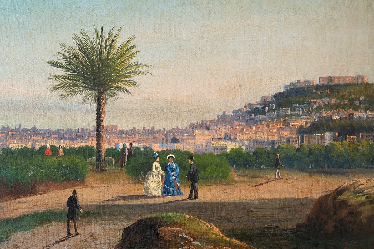Four Ancient Oil Views On Canvas Depicting Naples, 19th Century Period.-photo-3