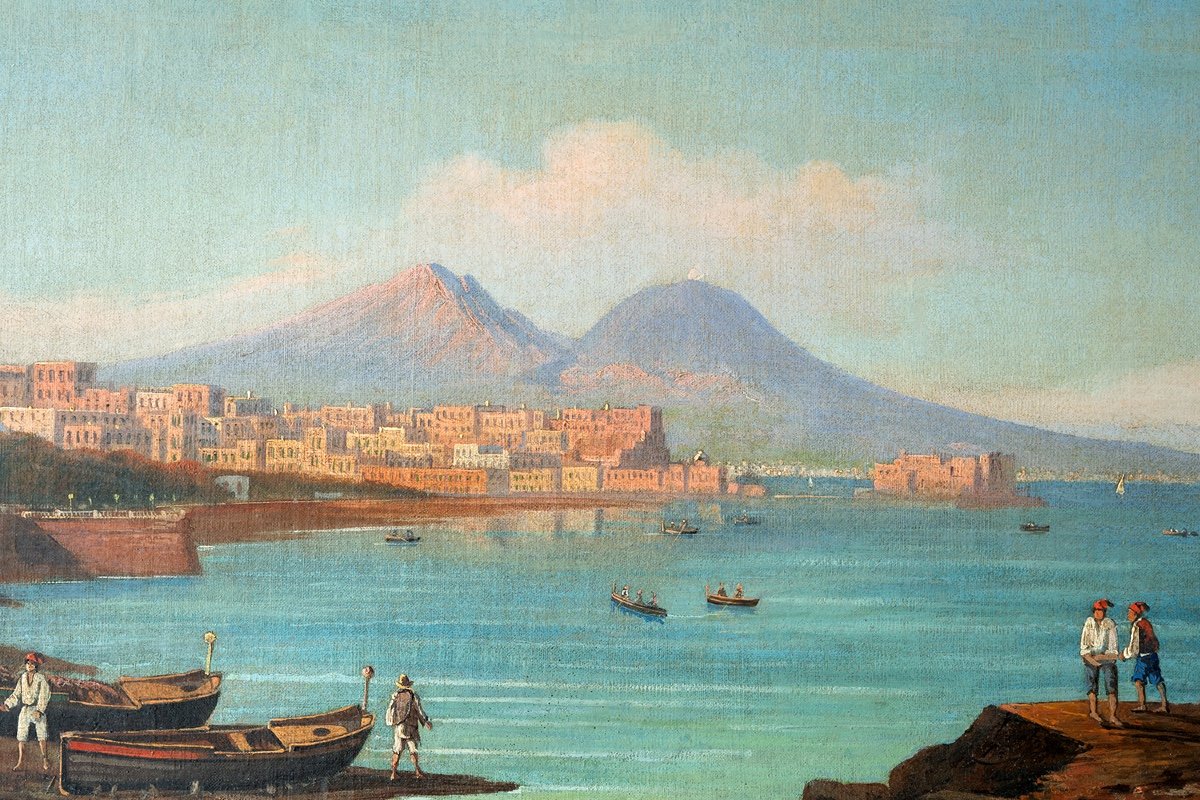 Four Ancient Oil Views On Canvas Depicting Naples, 19th Century Period.-photo-4