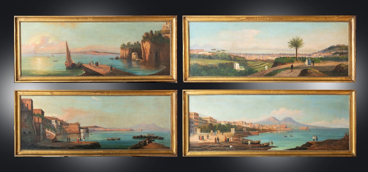 Four Ancient Oil Views On Canvas Depicting Naples, 19th Century Period.
