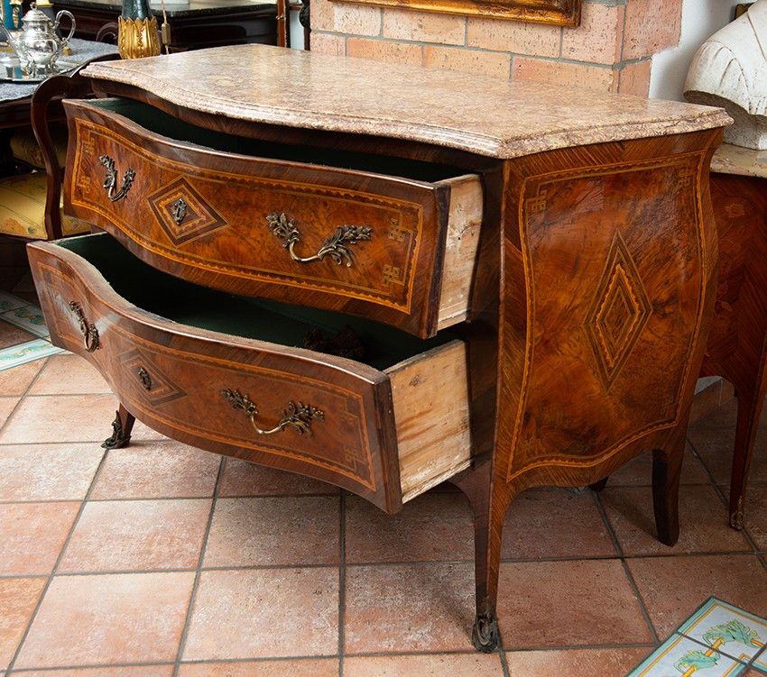 Antique Louis XV Neapolitan Chest Of Drawers In Precious Exotic Woods With Marble Top.-photo-2