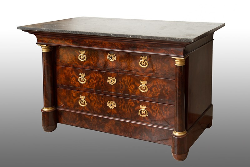 French Empire Chest Of Drawers In Mahogany Feather With Black Belgian Marble Top.