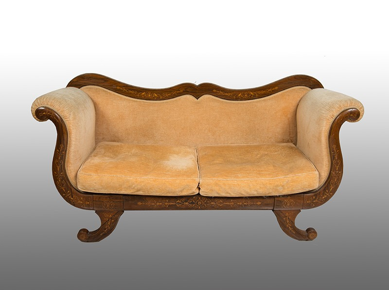 Antique Charles X French Sofa In Precious Exotic Wood With Maple Inlay With Leaf Motif.