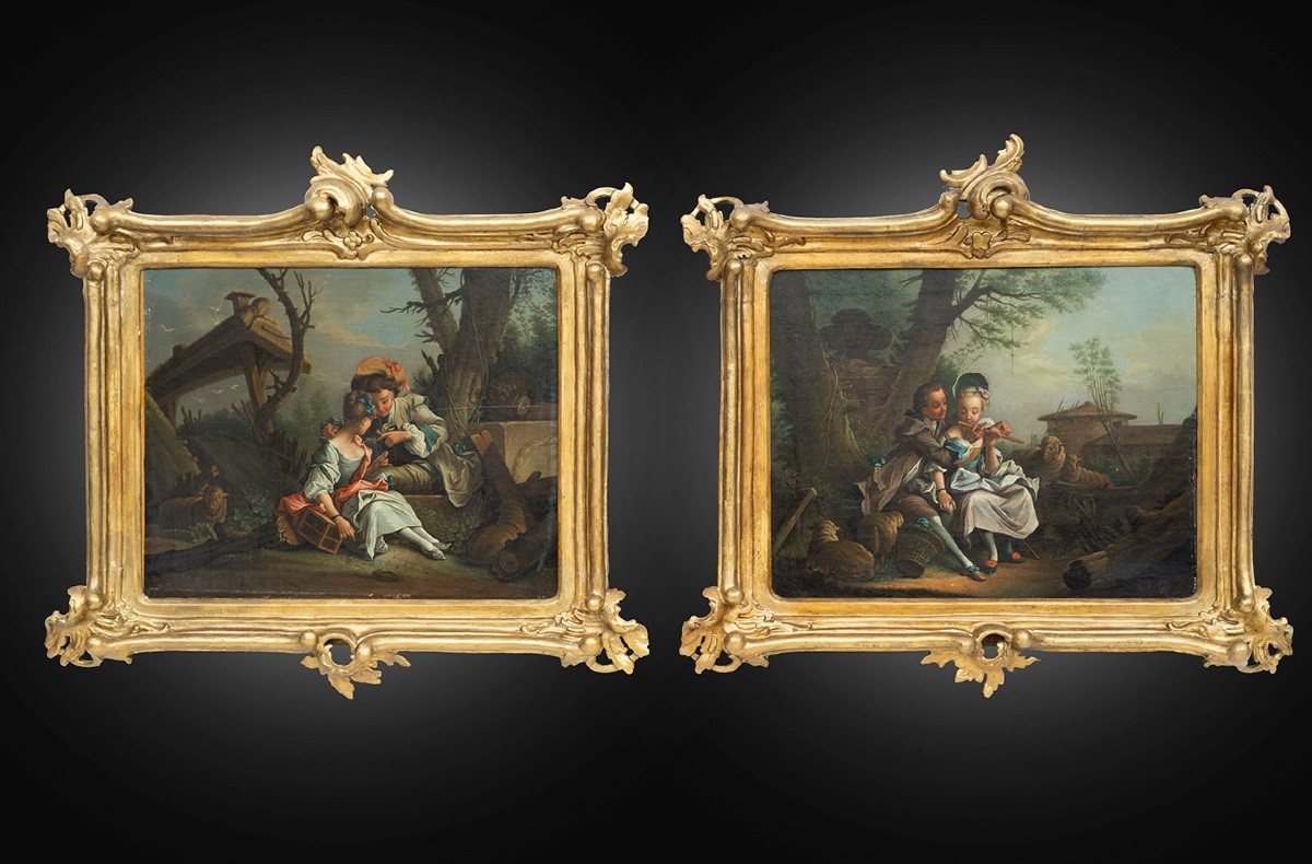 Pair Of Ancient Oil Paintings On Canvas France Late 18th Century.