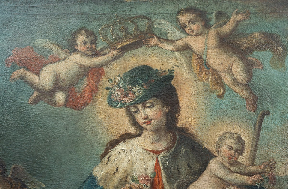 Tableau ancienne huile sur toile représentant "La Divine Bergère". Naples XVIIsiècle-photo-2