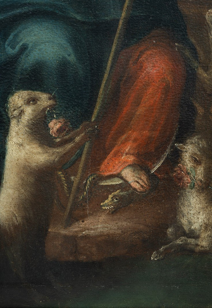 Tableau ancienne huile sur toile représentant "La Divine Bergère". Naples XVIIsiècle-photo-4