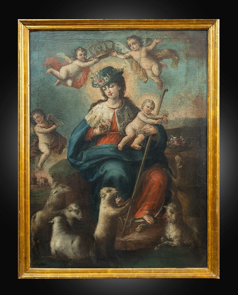 Tableau ancienne huile sur toile représentant "La Divine Bergère". Naples XVIIsiècle