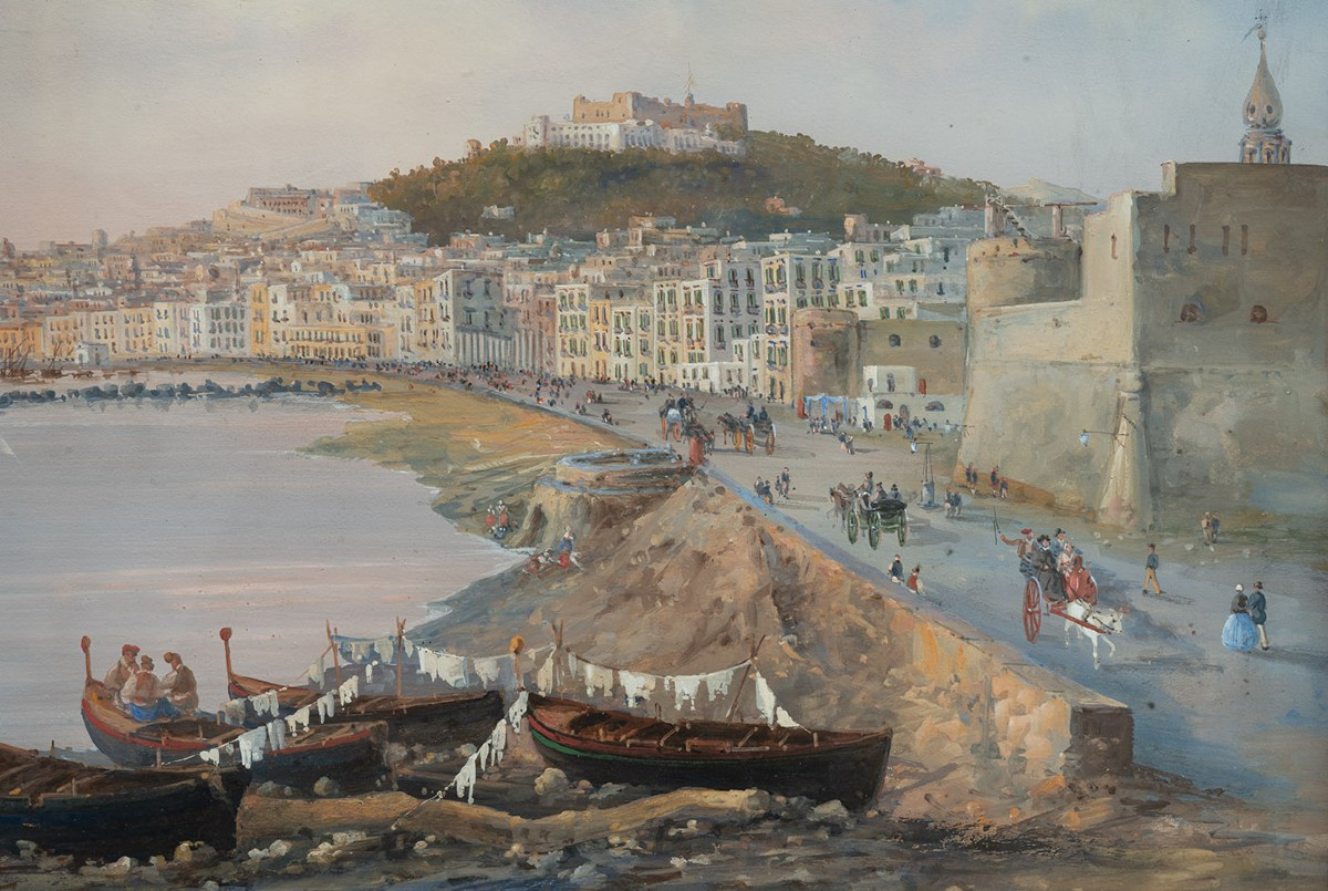 Old Gouache/watercolor Depicting A View Of Naples. 19th Century.-photo-3