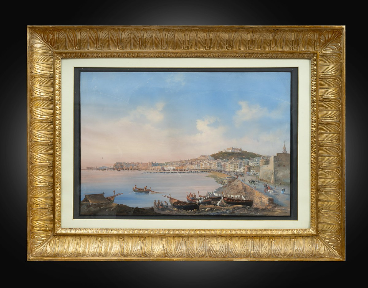 Old Gouache/watercolor Depicting A View Of Naples. 19th Century.