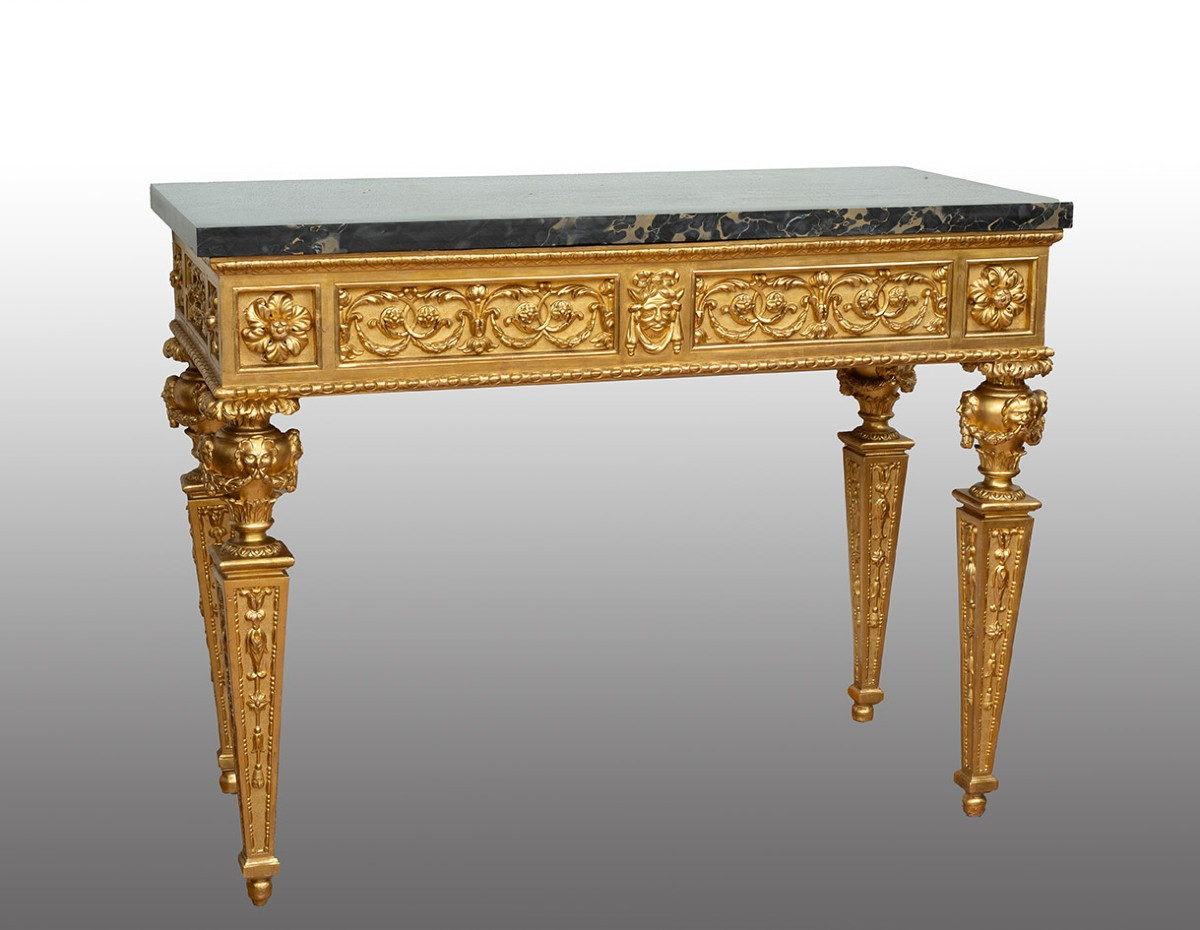 Console ancienne Louis XVI en bois doré et sculpté.  Naples Époque XVIIIe siècle.