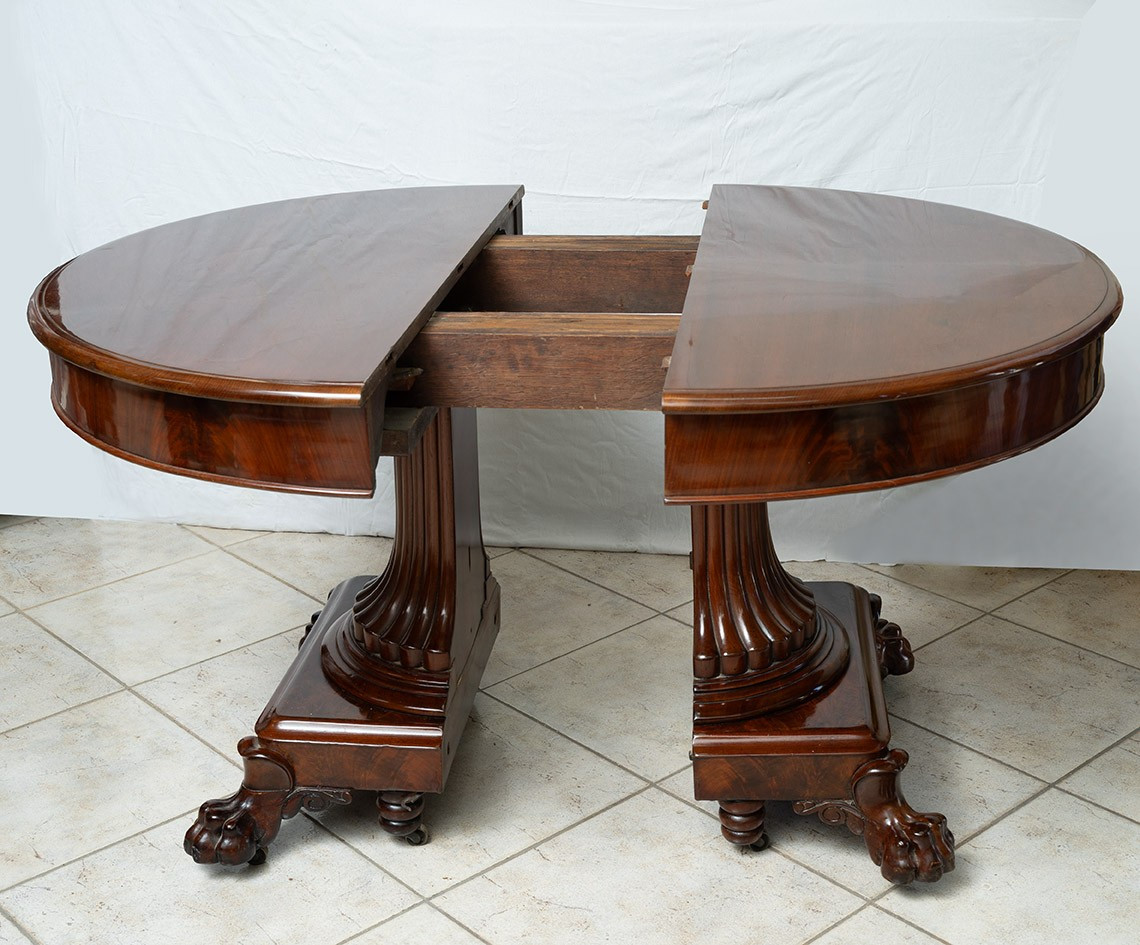 Table Empire ancienne en plume d'acajou à pied central. Belgique XIXe siècle.-photo-3
