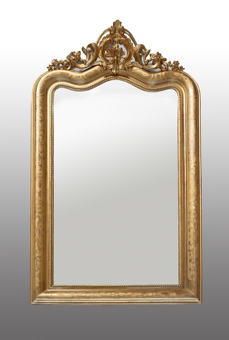 Miroir ancien Napoléon III en bois doré et sculpté. XIXe siècle.