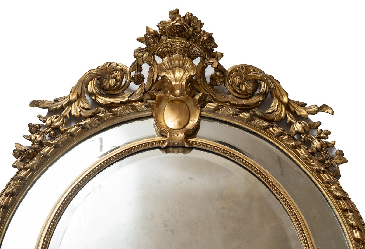 Miroir médaillon ancien Napoléon III en bois doré et sculpté. XIXe siècle.-photo-2