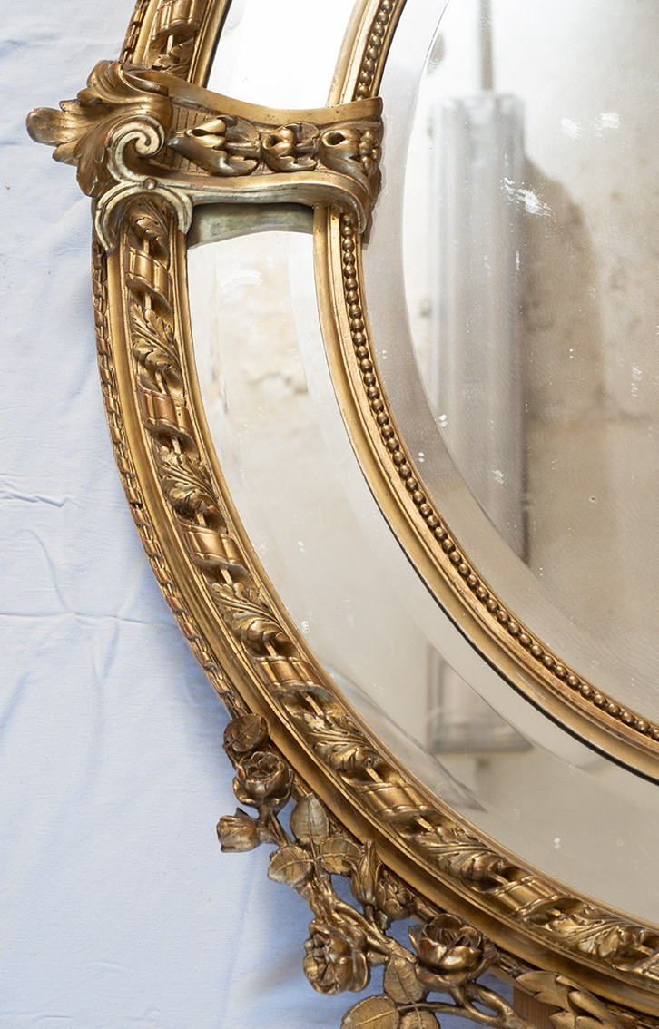 Miroir médaillon ancien Napoléon III en bois doré et sculpté. XIXe siècle.-photo-3