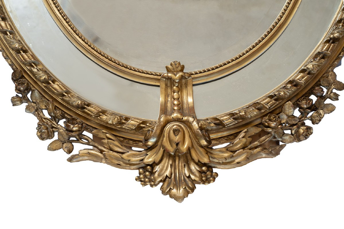 Miroir médaillon ancien Napoléon III en bois doré et sculpté. XIXe siècle.-photo-4