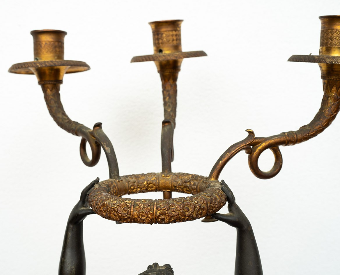Pair Of Charles X Candlesticks/flambeaux In Patinated Bronze And White Statuary Marble. France,-photo-2