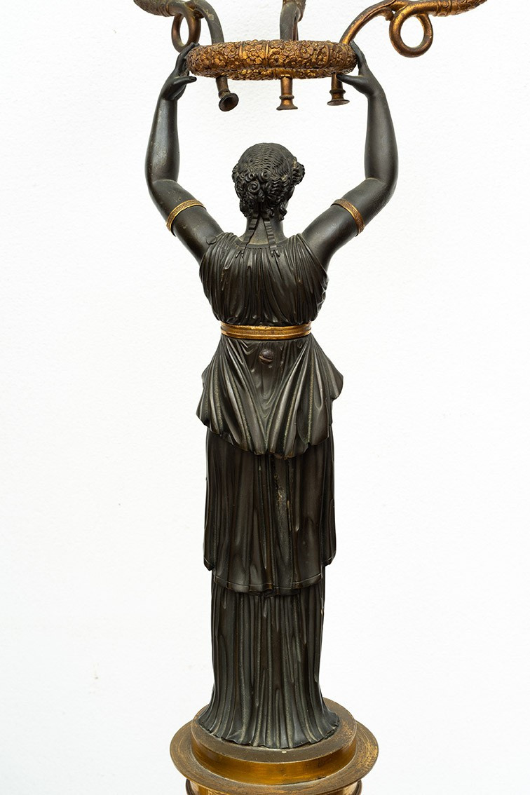Pair Of Charles X Candlesticks/flambeaux In Patinated Bronze And White Statuary Marble. France,-photo-3