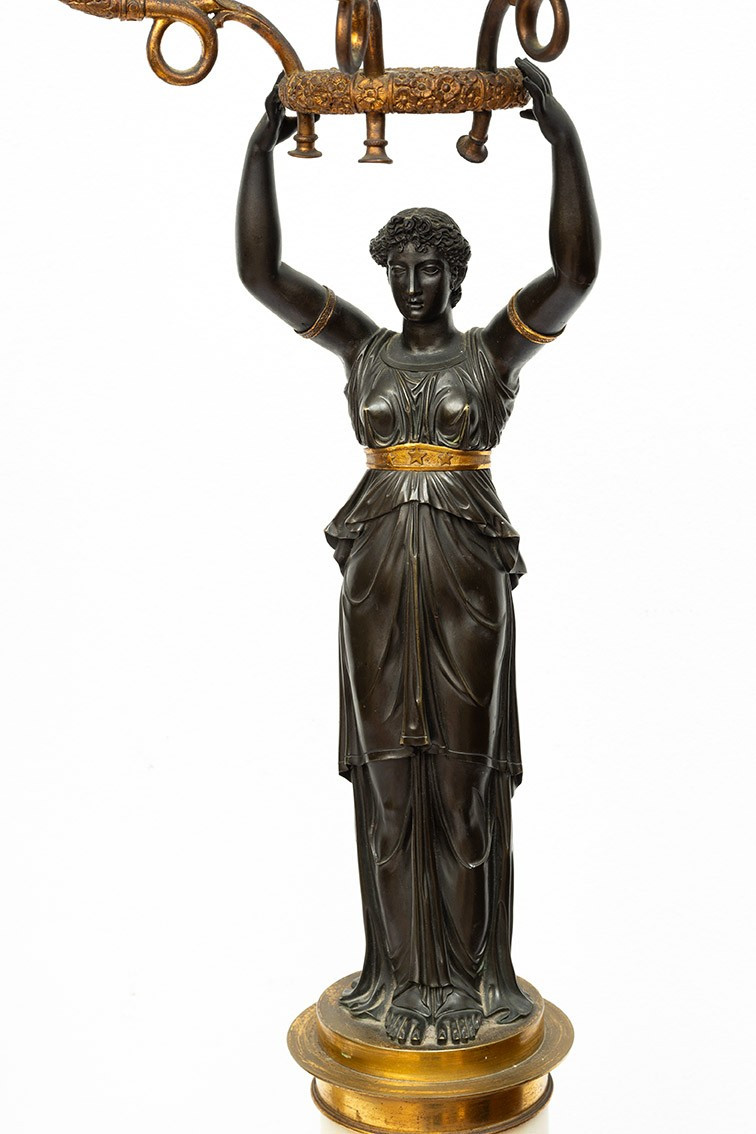 Pair Of Charles X Candlesticks/flambeaux In Patinated Bronze And White Statuary Marble. France,-photo-4