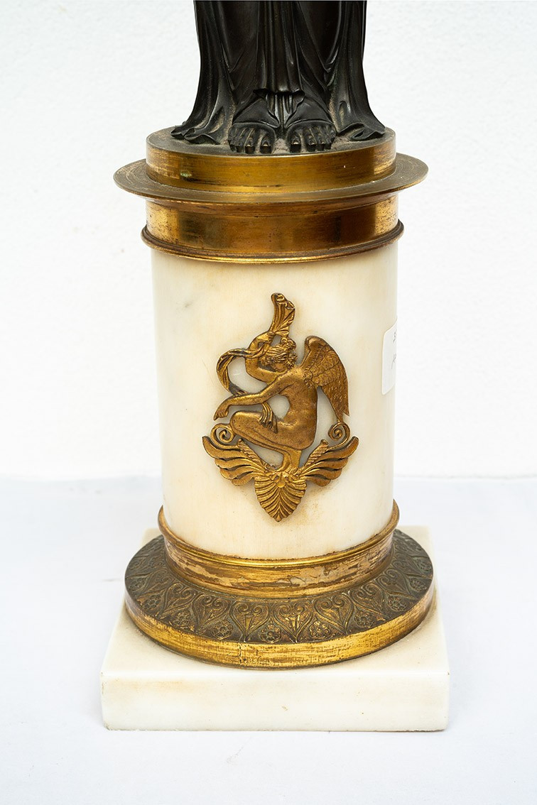Pair Of Charles X Candlesticks/flambeaux In Patinated Bronze And White Statuary Marble. France,-photo-1