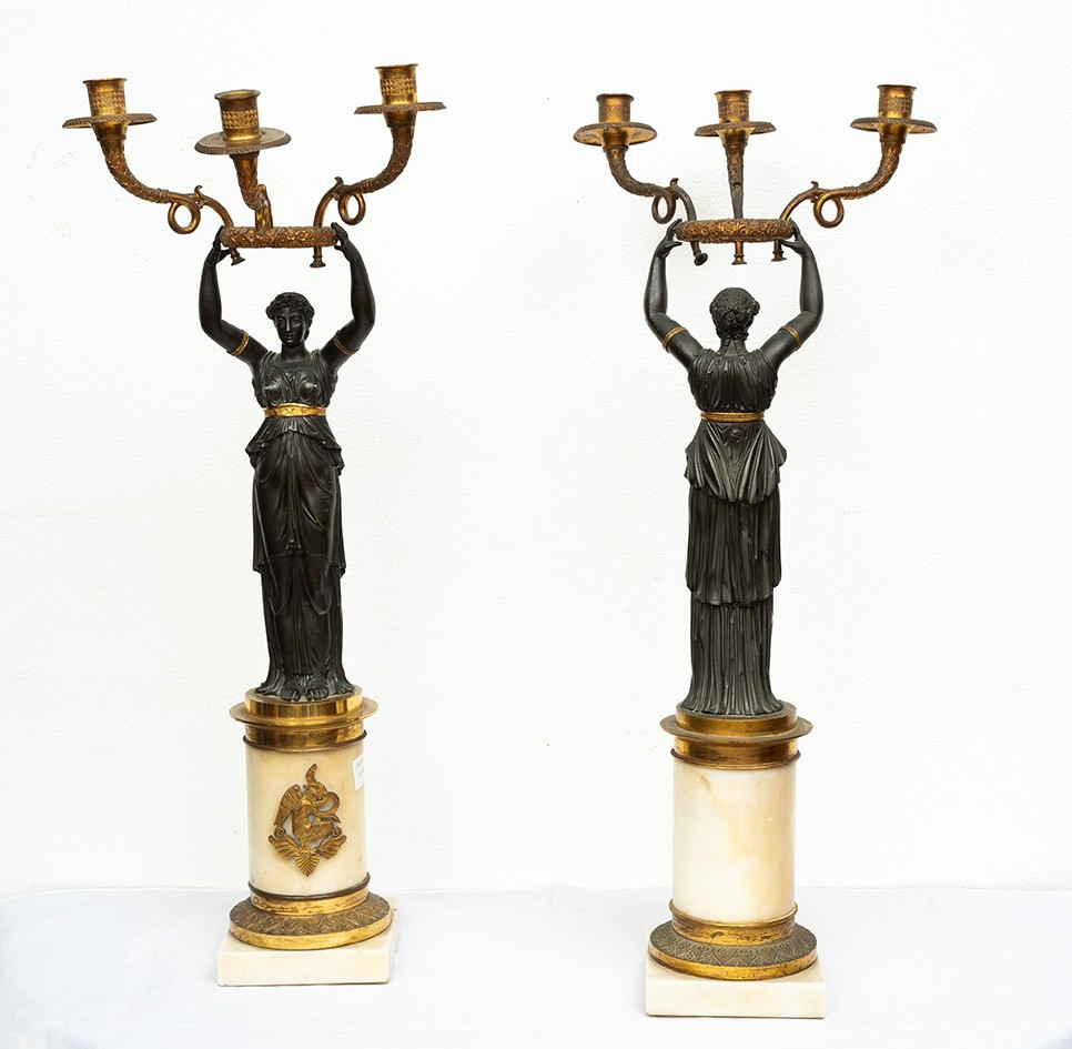 Pair Of Charles X Candlesticks/flambeaux In Patinated Bronze And White Statuary Marble. France,-photo-2