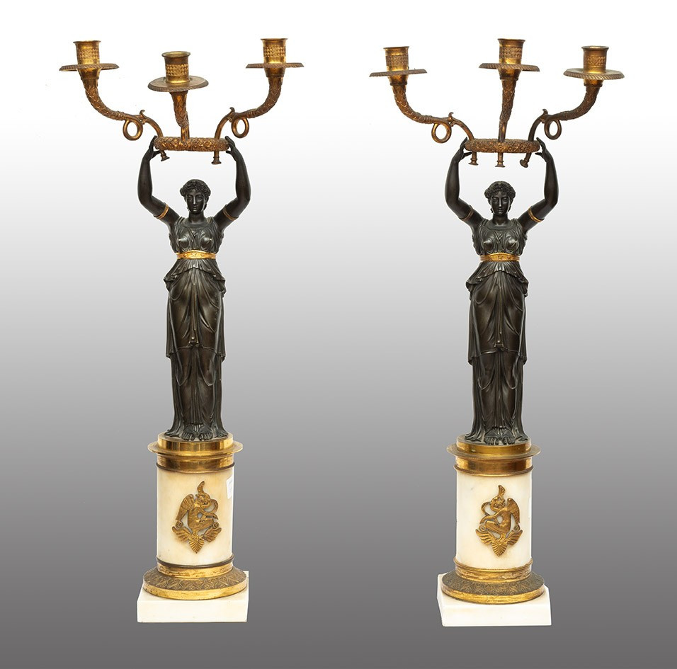 Pair Of Charles X Candlesticks/flambeaux In Patinated Bronze And White Statuary Marble. France,