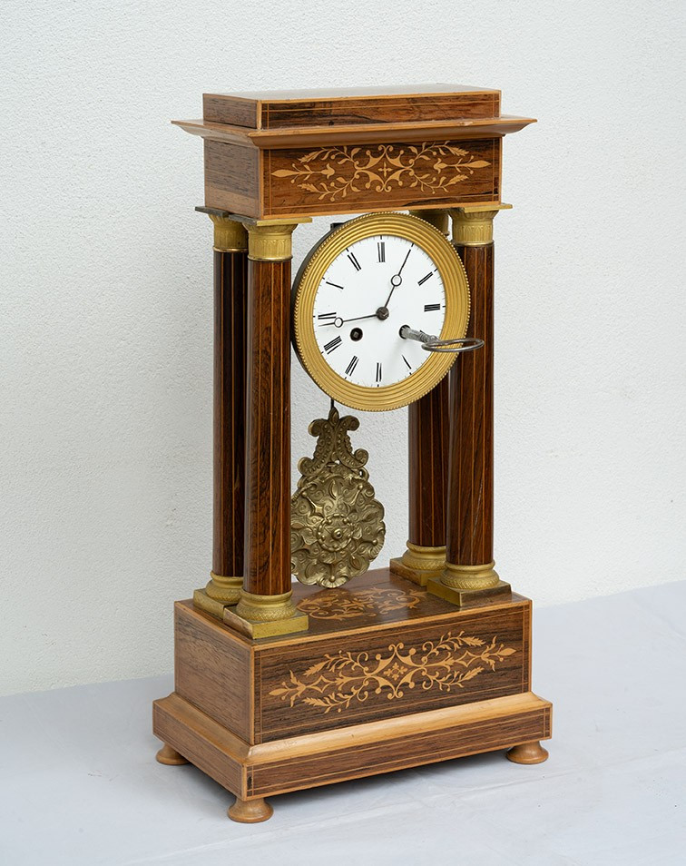 Antique Charles X Clock In Precious Exotic Woods. France, 19th Century.-photo-1