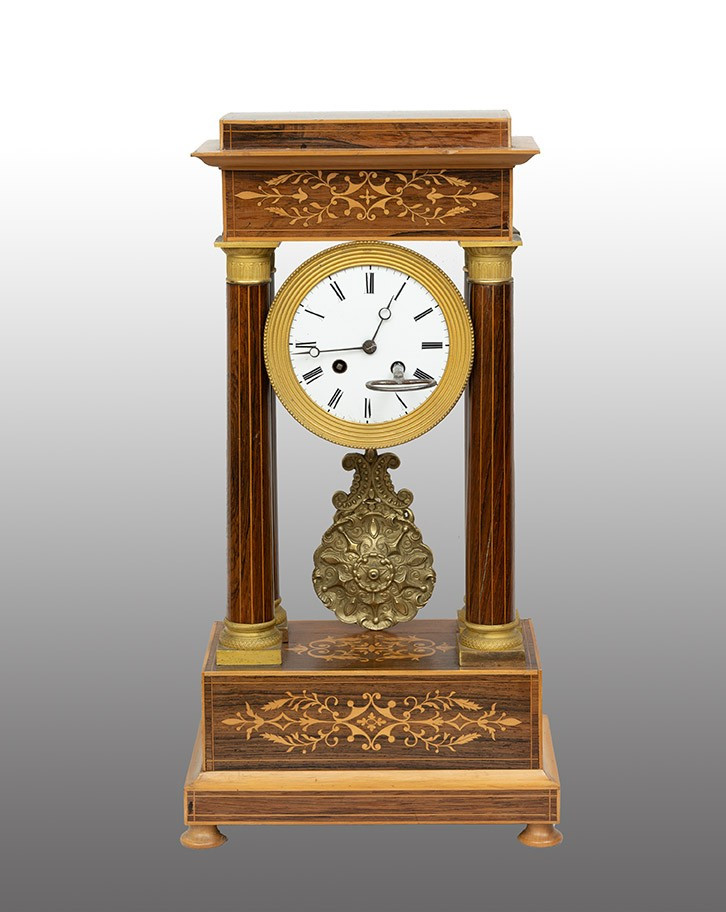 Antique Charles X Clock In Precious Exotic Woods. France, 19th Century.