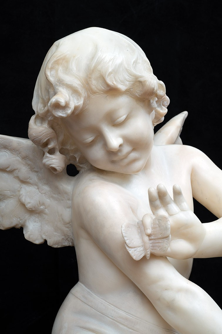 Antique Alabaster Sculpture Depicting A Winged Cherub. Firenze, 19th Century.-photo-2