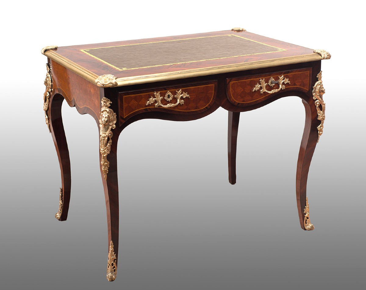 Antique Napoleon III French Writing Desk In Fine Exotic Wood With Finely Chiseled Gilt Bronze