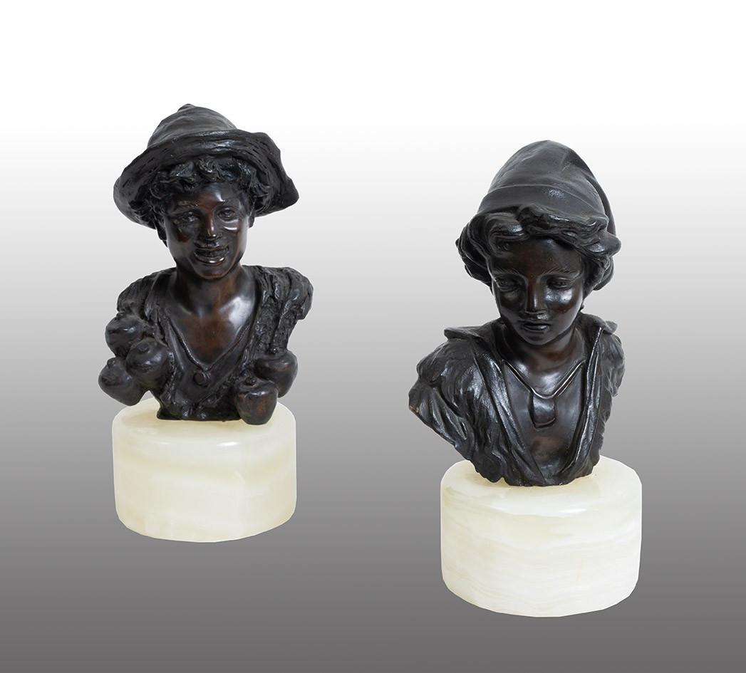 Pair Of Antique Bronze Sculptures On Onyx Bases. Naples, Early 20th Century.