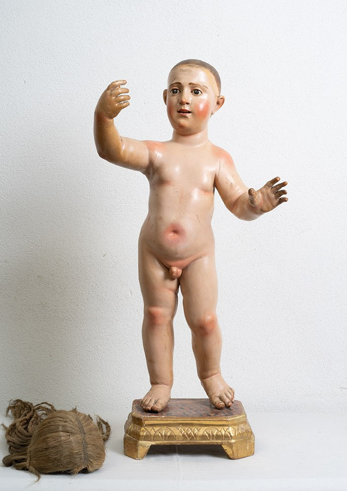 Sculpture napolitaine ancienne en bois représentant un Enfant bénissant. XVIIIe siècle-photo-2