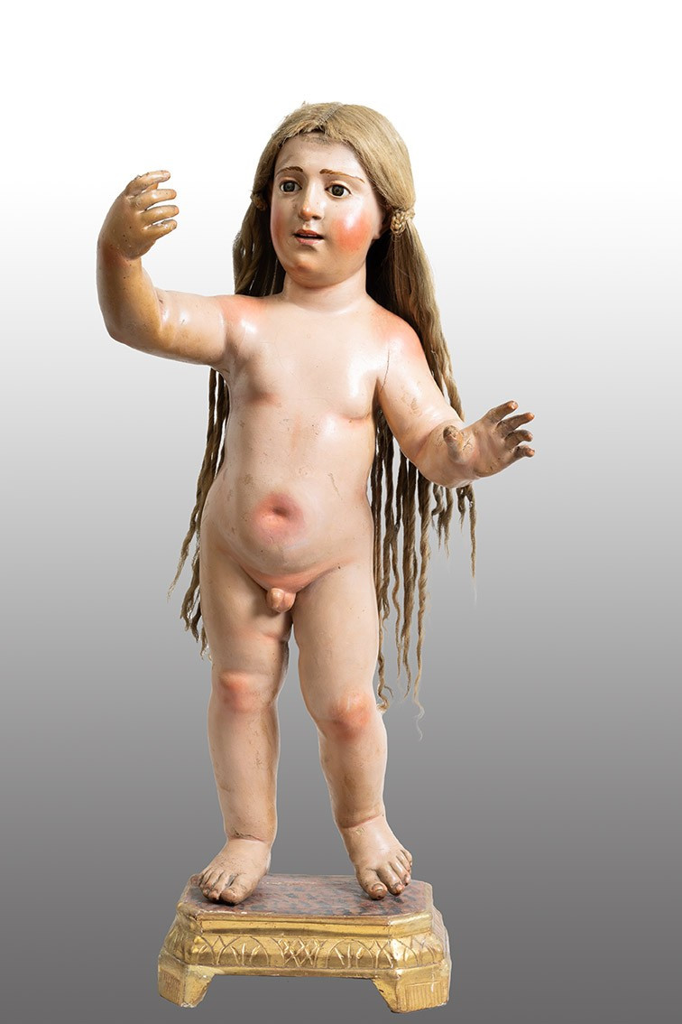 Sculpture napolitaine ancienne en bois représentant un Enfant bénissant. XVIIIe siècle