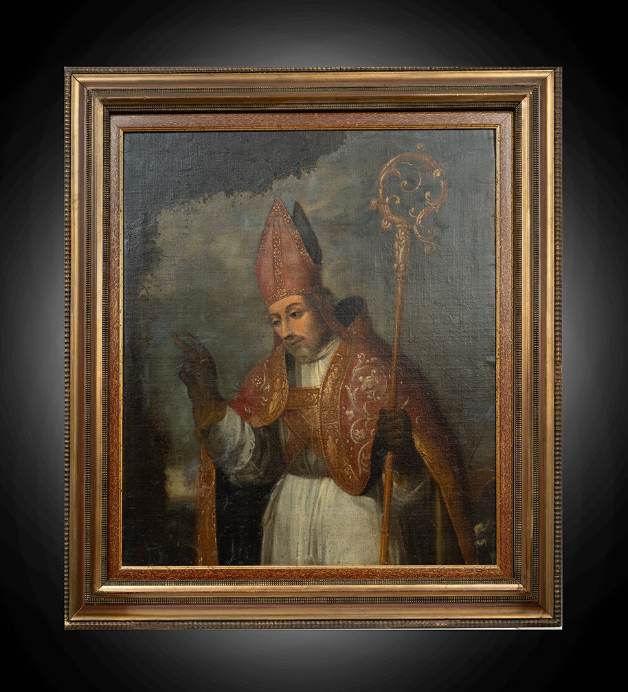 Antique Oil On Canvas Painting Depicting The Bust Of A Bishop. Lombardy, 18th Century.