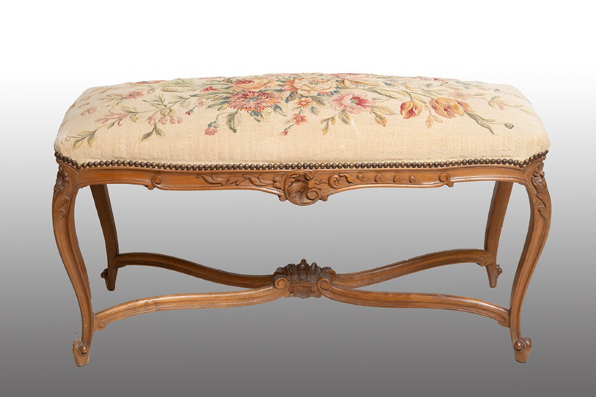 Antique Napoleon III Bench In Solid Walnut. 19th Century.