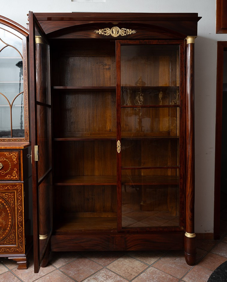 Antique Empire Bookcase In Mahogany Feather Band, France, Early 19th Century.-photo-2