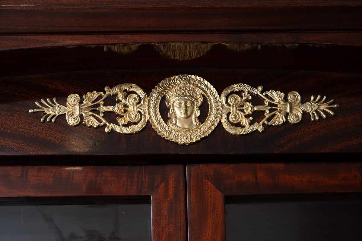 Antique Empire Bookcase In Mahogany Feather Band, France, Early 19th Century.-photo-4