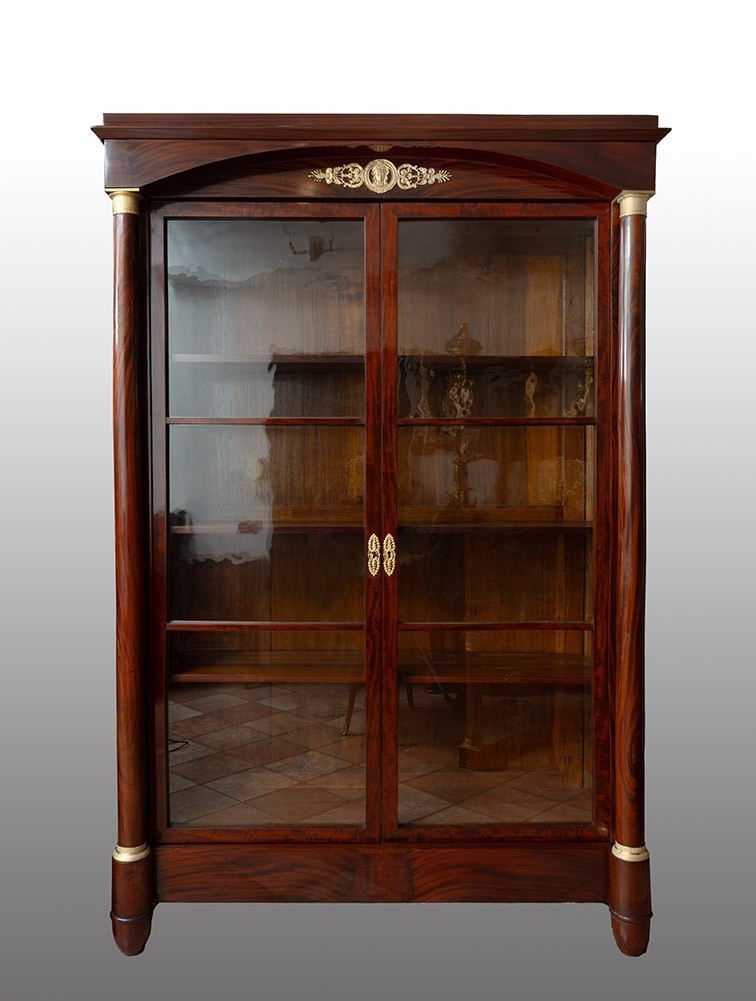 Antique Empire Bookcase In Mahogany Feather Band, France, Early 19th Century.