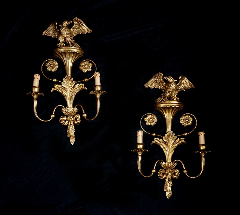 Pair Of Antique Gilded And Carved Wood Wall Sconces. France, 20th Century.