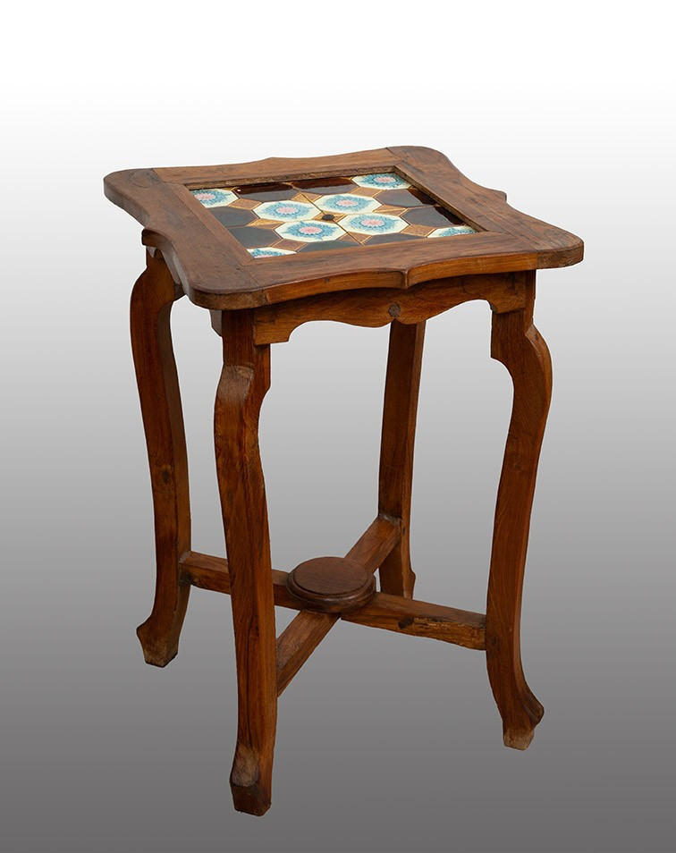 Antique Solid Walnut Coffee Table With A Majolica Top. 20th Century.