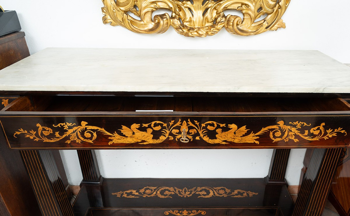 Antique Console Table Finely Inlaid In White Statuary Marble From Sicily, 19th Century.-photo-2