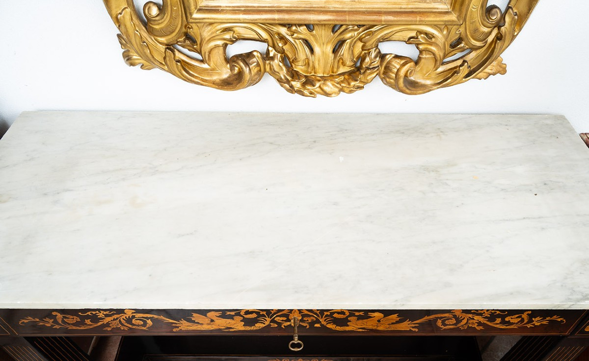 Antique Console Table Finely Inlaid In White Statuary Marble From Sicily, 19th Century.-photo-1