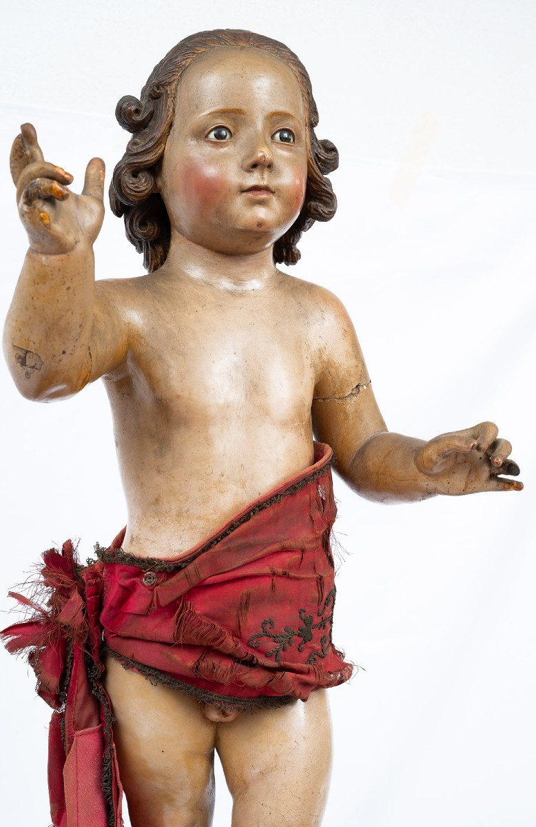 An Antique Neapolitan Sculpture In Polychrome Wood Depicting A Blessing Child.-photo-2