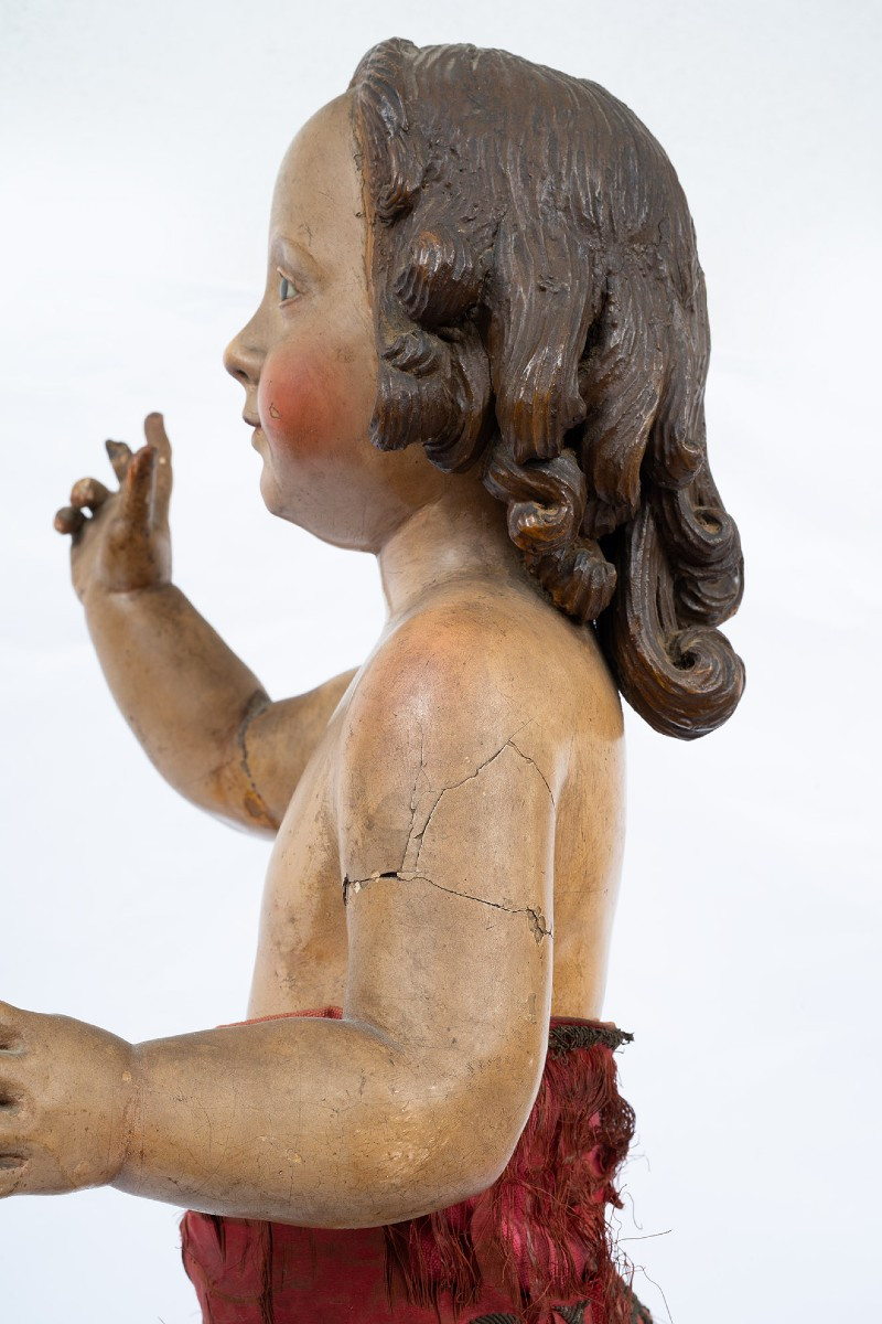 An Antique Neapolitan Sculpture In Polychrome Wood Depicting A Blessing Child.-photo-4