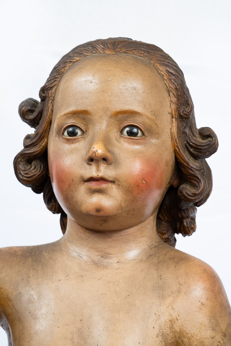 An Antique Neapolitan Sculpture In Polychrome Wood Depicting A Blessing Child.-photo-2