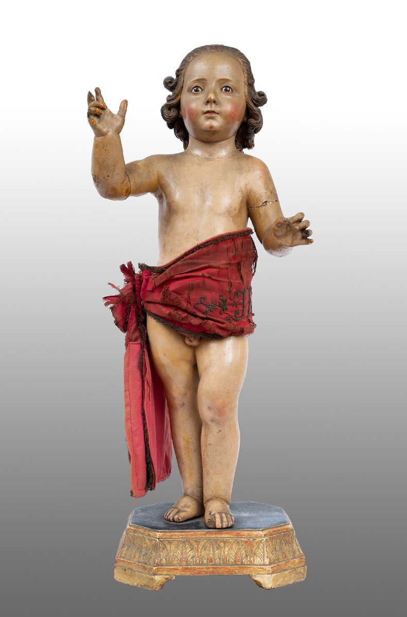 An Antique Neapolitan Sculpture In Polychrome Wood Depicting A Blessing Child.