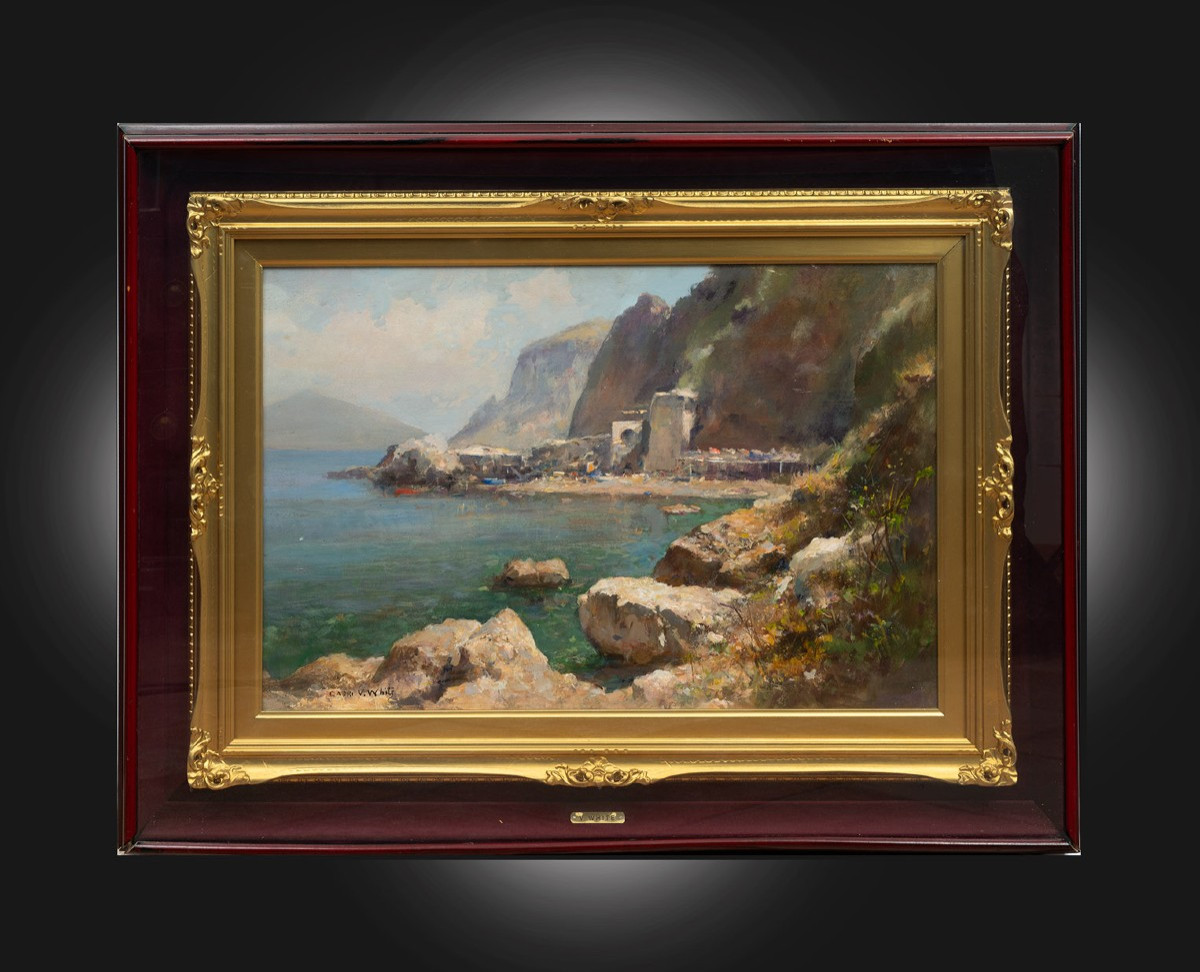 Tableau Huile sur carton ancienne signée « Valentino White ». Naples, XXe siècle.