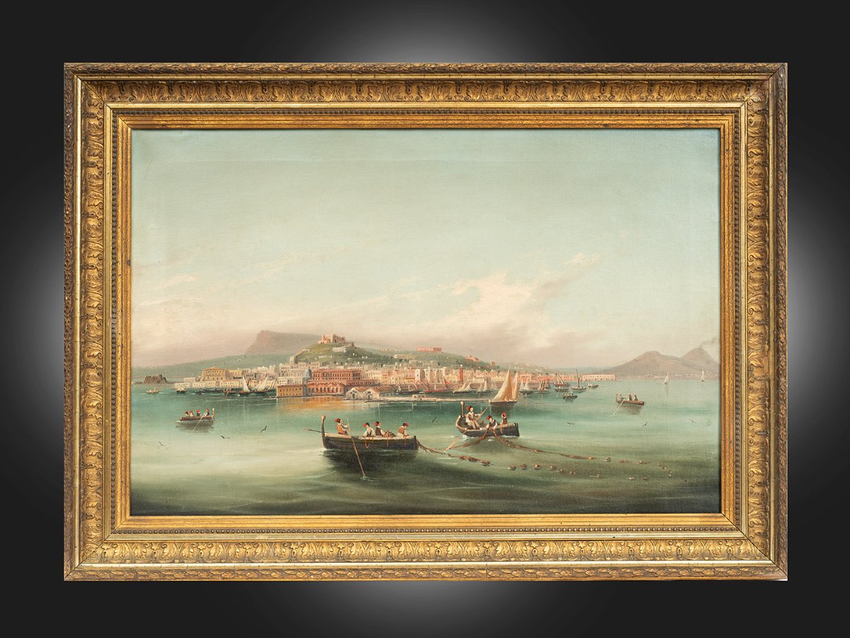 An Antique Oil Painting On Canvas In A Period Frame Depicting A View Of The Gulf Of Naples.