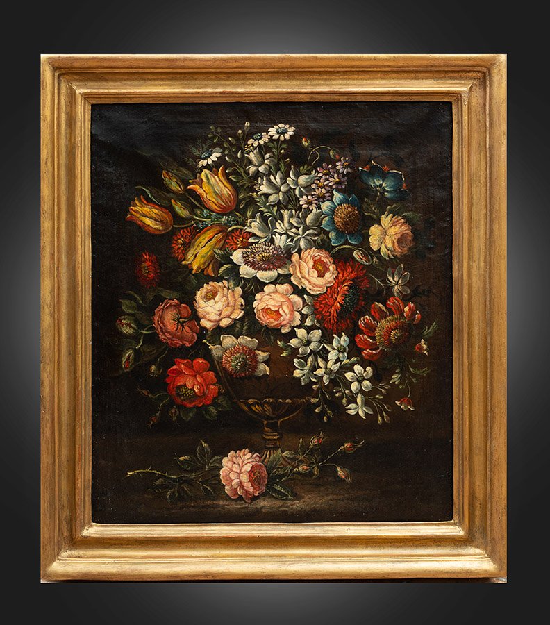 Antique Oil Painting On Canvas With A 19th-century Gilded Wooden Frame.