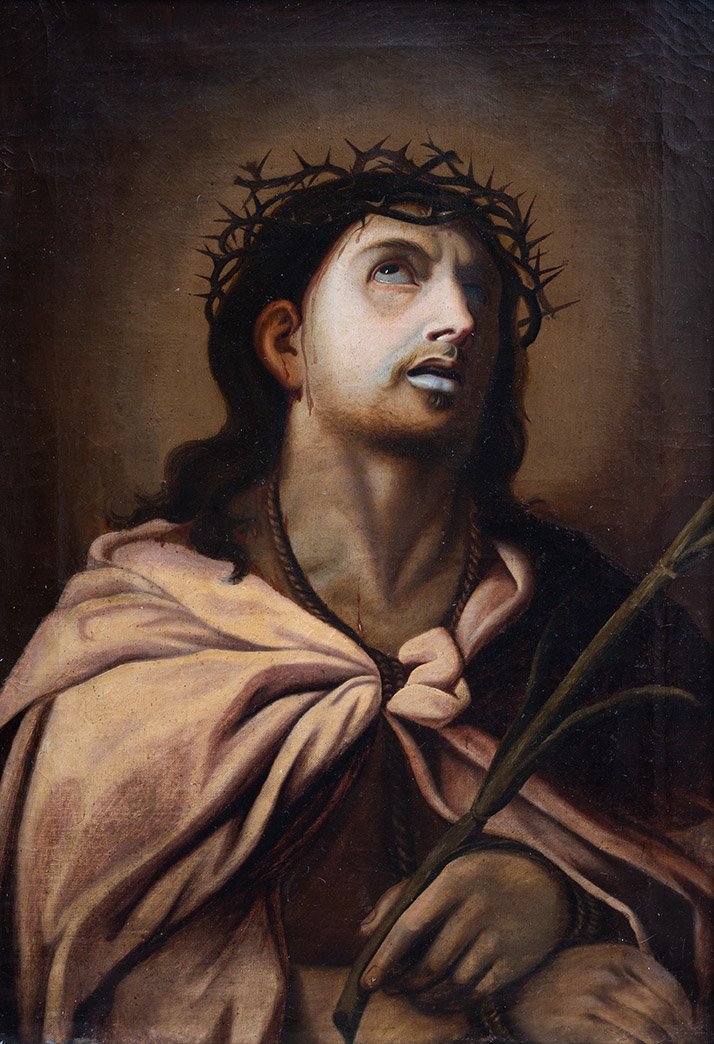 An Antique Oil Painting On Canvas In A Period Frame Depicting Hecce Homo.-photo-4