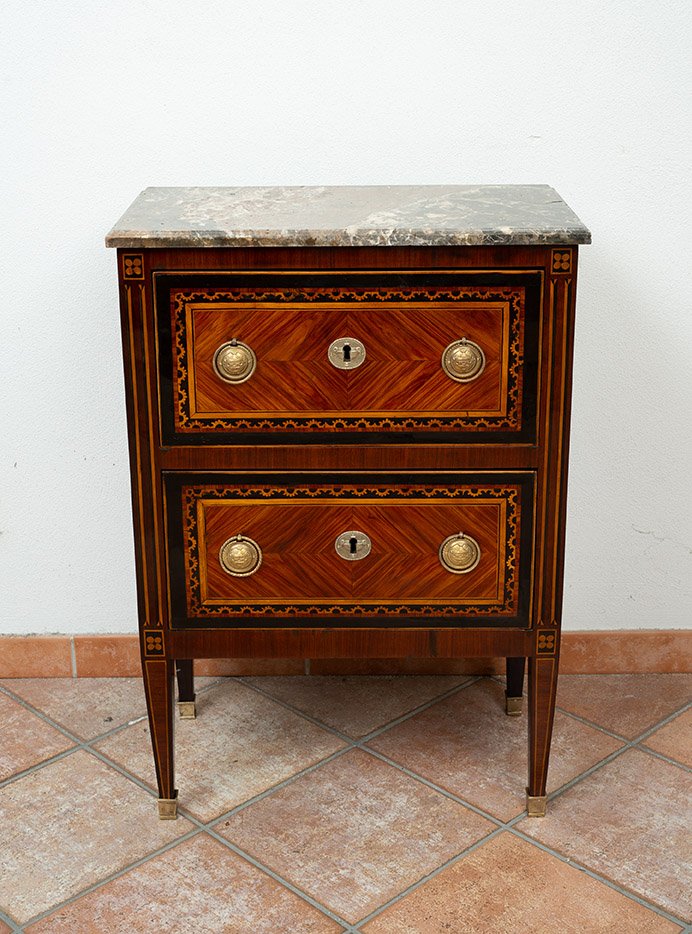 Antique Neapolitan Louis XVI-style Nightstand Made Of Fine Exotic Woods With A Marble Top. -photo-2