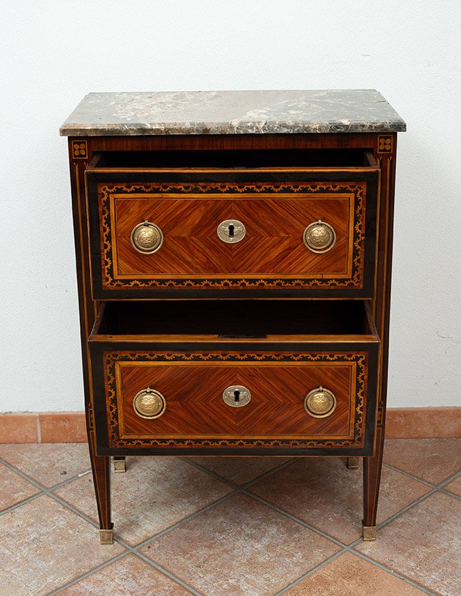 Antique Neapolitan Louis XVI-style Nightstand Made Of Fine Exotic Woods With A Marble Top. -photo-3
